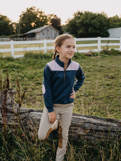 Elbow Patch Quarter Zip Blue with Pink