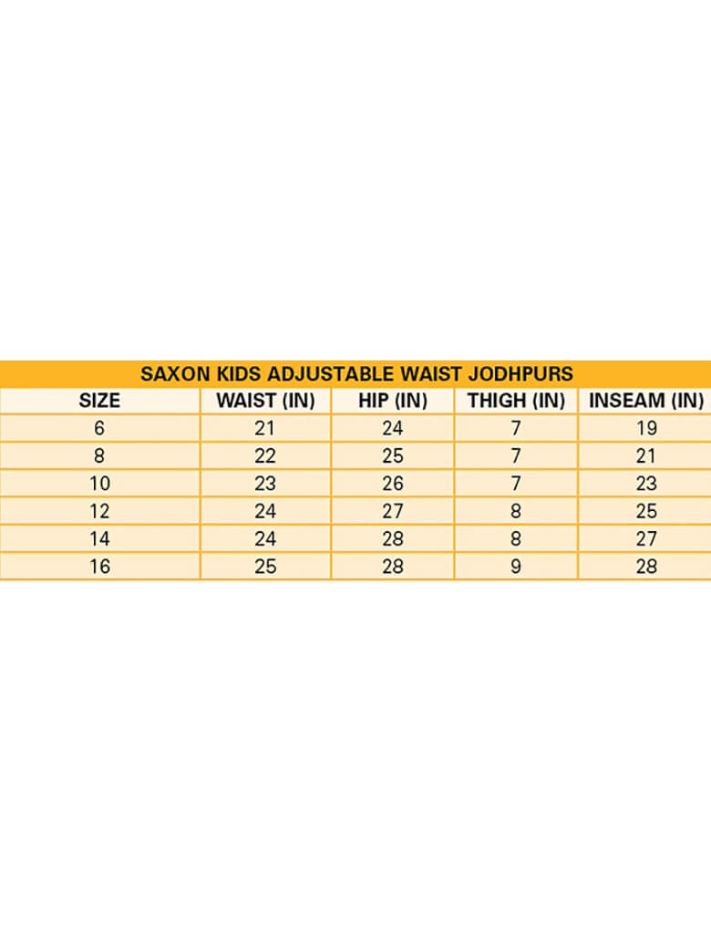 Saxon Childs Adjustable Waist Jodphur - Size Chart