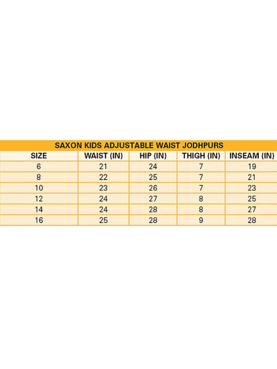 Saxon Childs Adjustable Waist Jodphur - Size Chart